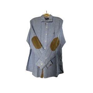 CREMIEUX COLLECTION Mens Blue Plaid Linen Button Down Shirt Elbow Patches Size L